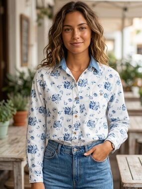 Vintage Penny Lane Floral Button Down Shirt. Denim Collar 100% Cotton Large